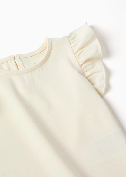 T-shirt com folhos e gola redonda para bebé menina, bege-claro