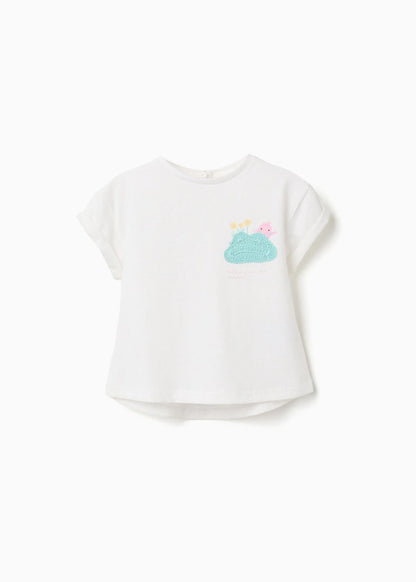 T-shirt de algodão com estampado em crochê para bebé menina, branco