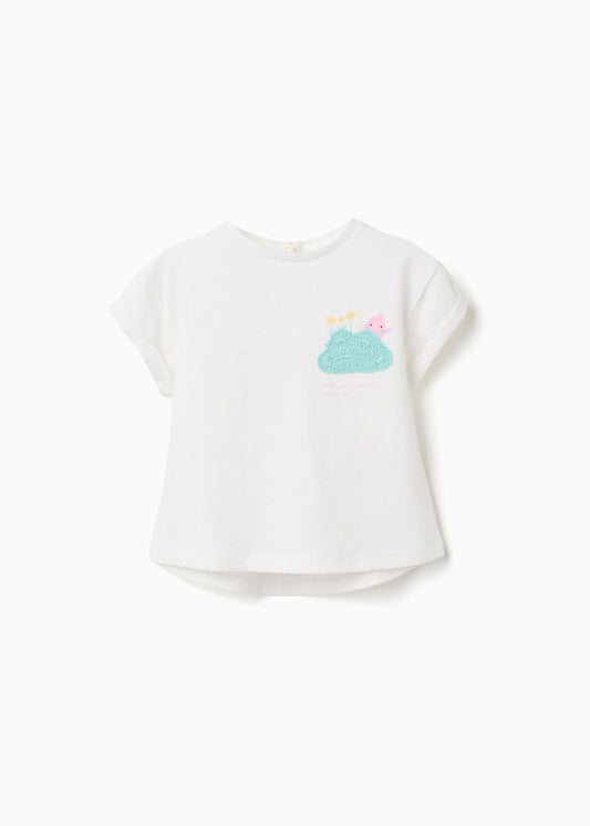 T-shirt de algodão com estampado em crochê para bebé menina, branco