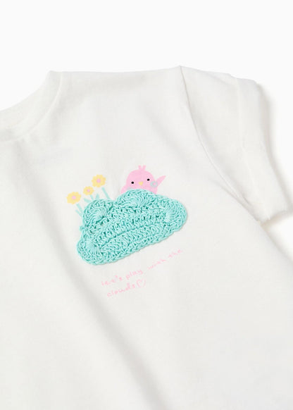 T-shirt de algodão com estampado em crochê para bebé menina, branco