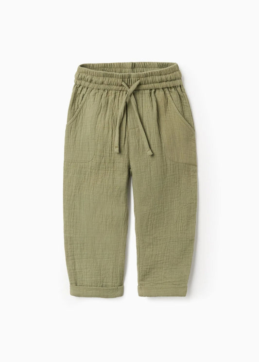 Calças baggy em bambula de algodão para bebé menino, verde-escuro