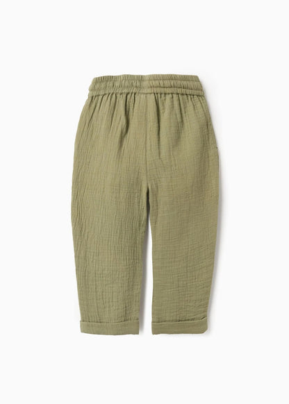 Calças baggy em bambula de algodão para bebé menino, verde-escuro