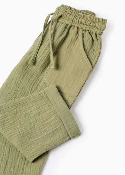 Calças baggy em bambula de algodão para bebé menino, verde-escuro