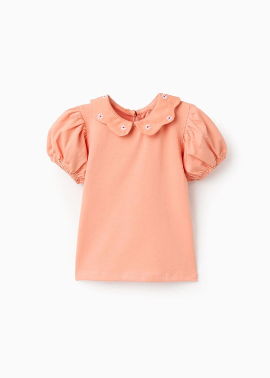 T-shirt de algodão com flores bordadas para bebé menina, laranja-salmão
