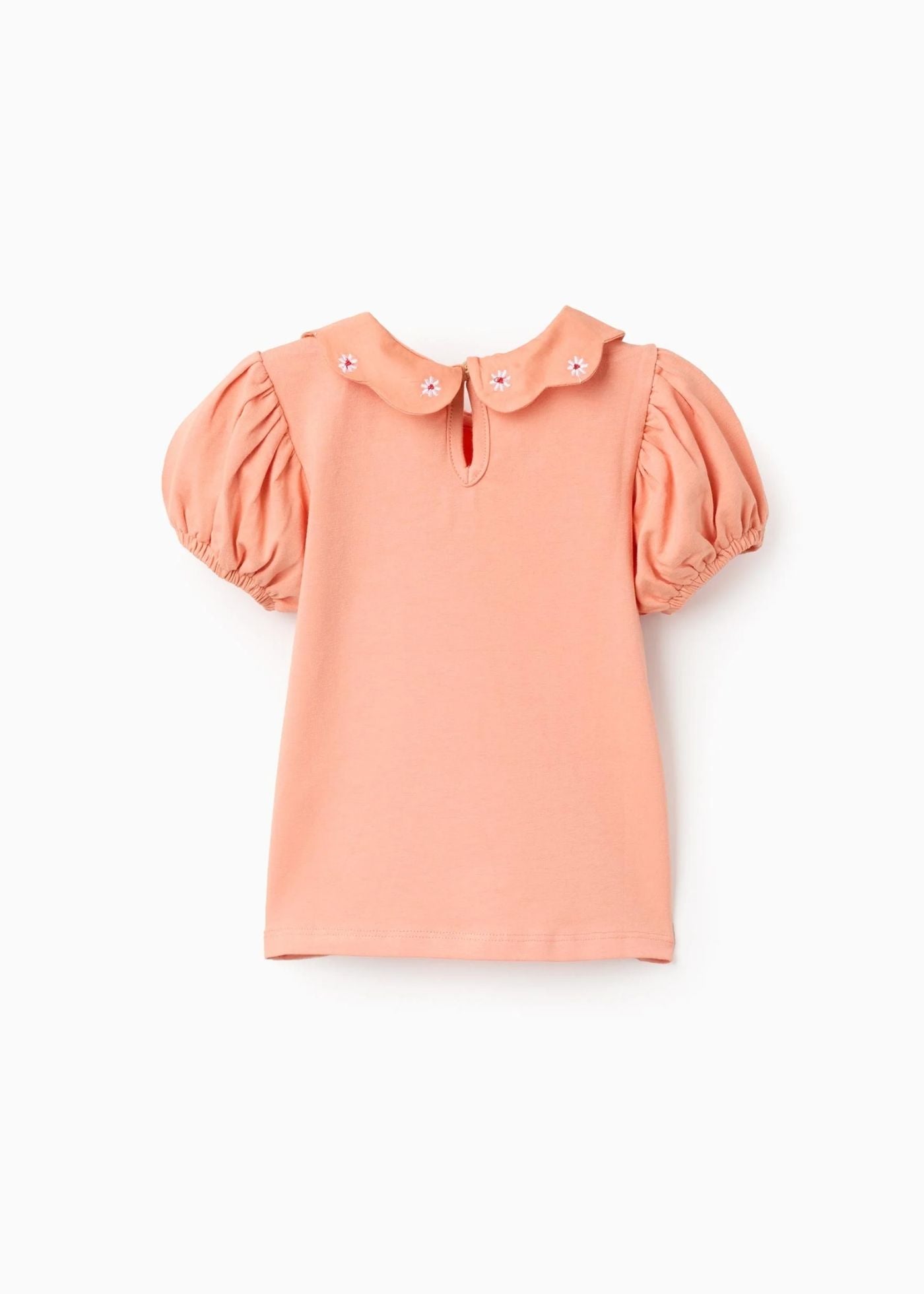 T-shirt de algodão com flores bordadas para bebé menina, laranja-salmão