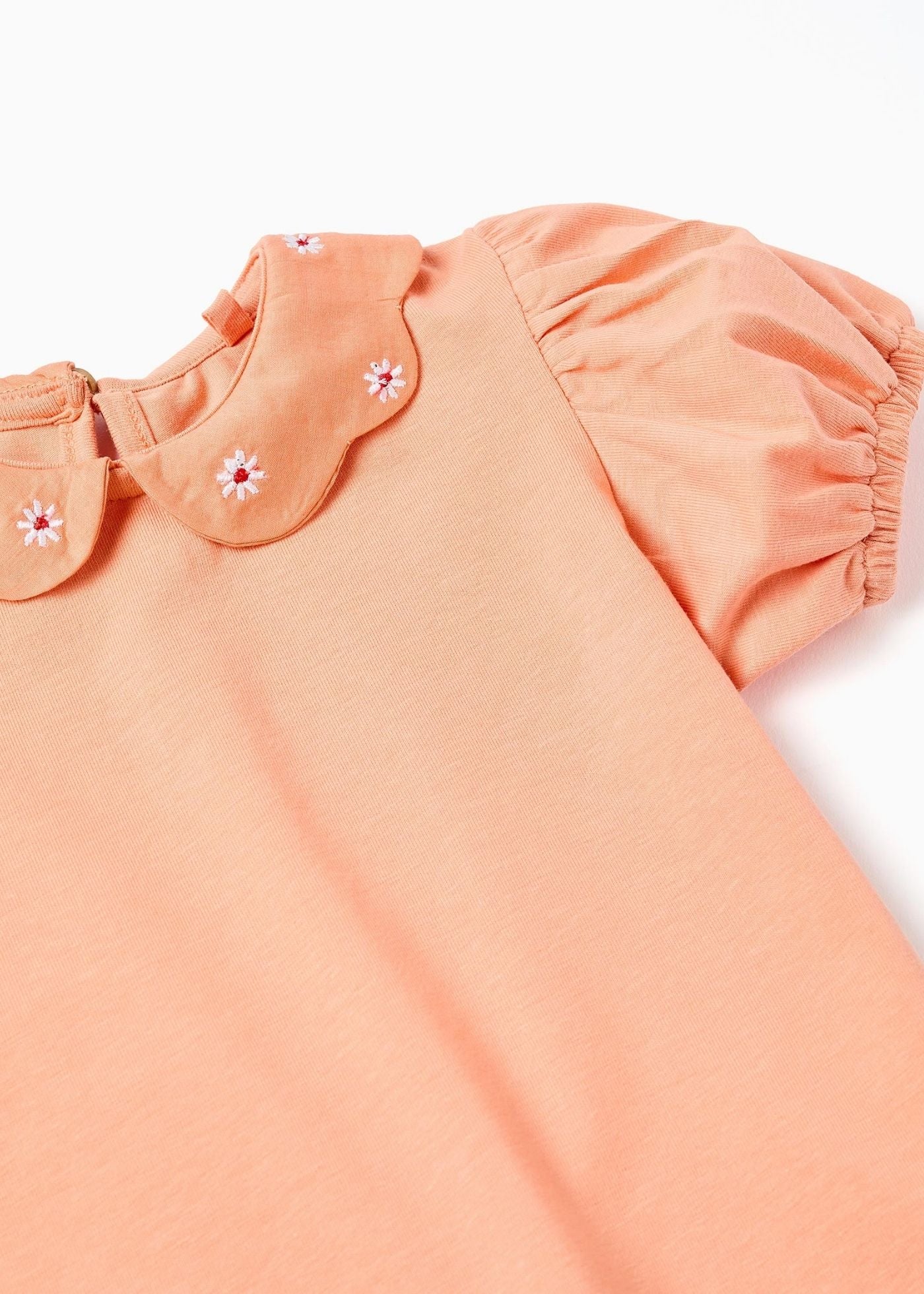 T-shirt de algodão com flores bordadas para bebé menina, laranja-salmão