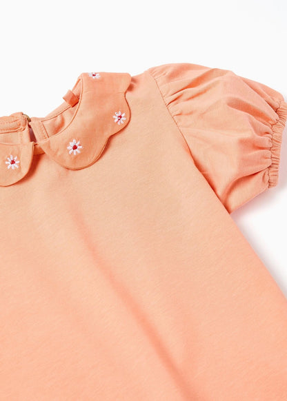 T-shirt de algodão com flores bordadas para bebé menina, laranja-salmão