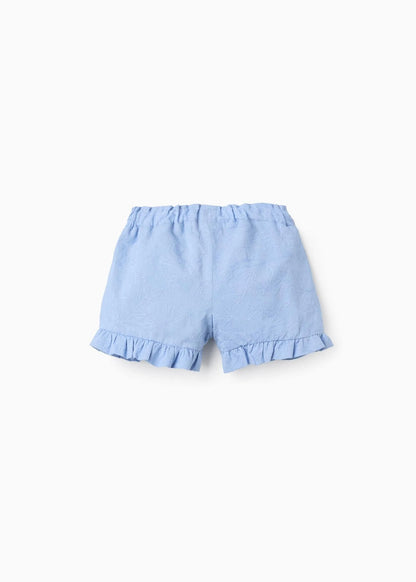 Calções de algodão com bordado e folhos para bebé menina, azul-claro
