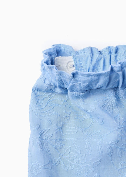 Calções de algodão com bordado e folhos para bebé menina, azul-claro