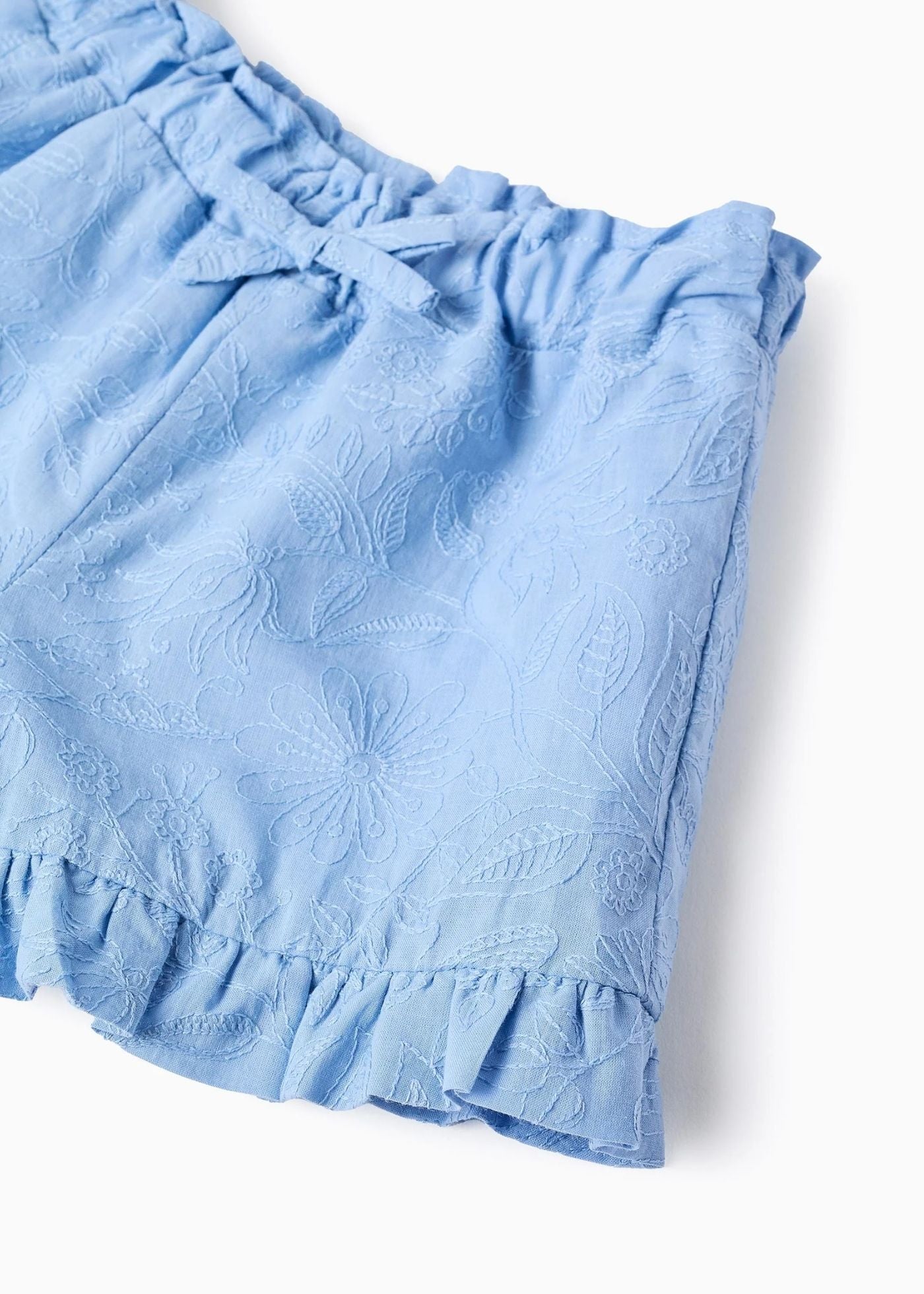 Calções de algodão com bordado e folhos para bebé menina, azul-claro