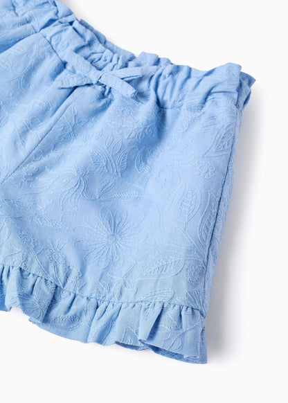 Calções de algodão com bordado e folhos para bebé menina, azul-claro