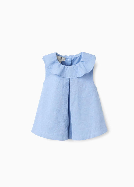 Blusa de algodão sem mangas com bordado para bebé menina, azul-claro