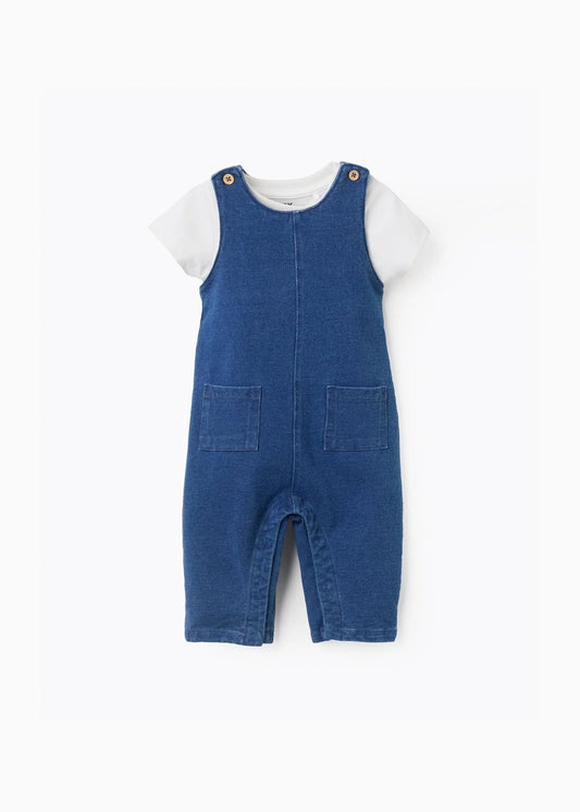 Body com estampado + macacão de ganga para recém-nascido, branco/azul