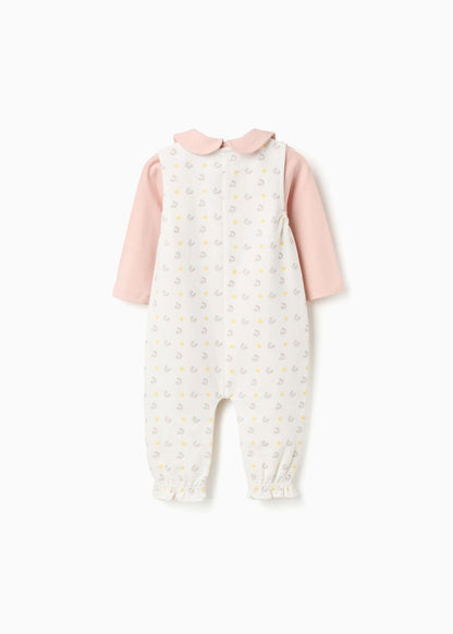 Body de manga comprida + macacão com motivo para recém-nascida, rosa/branco