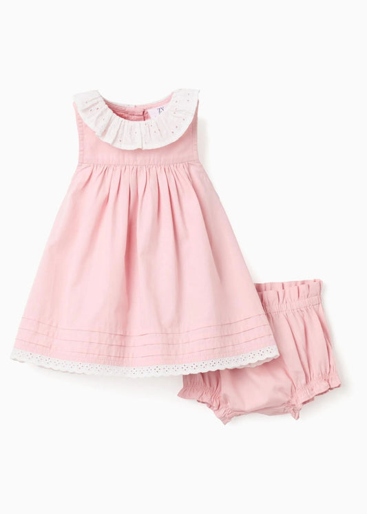 Vestido de popeline + tapa-fraldas com folhos para recém-nascida, rosa