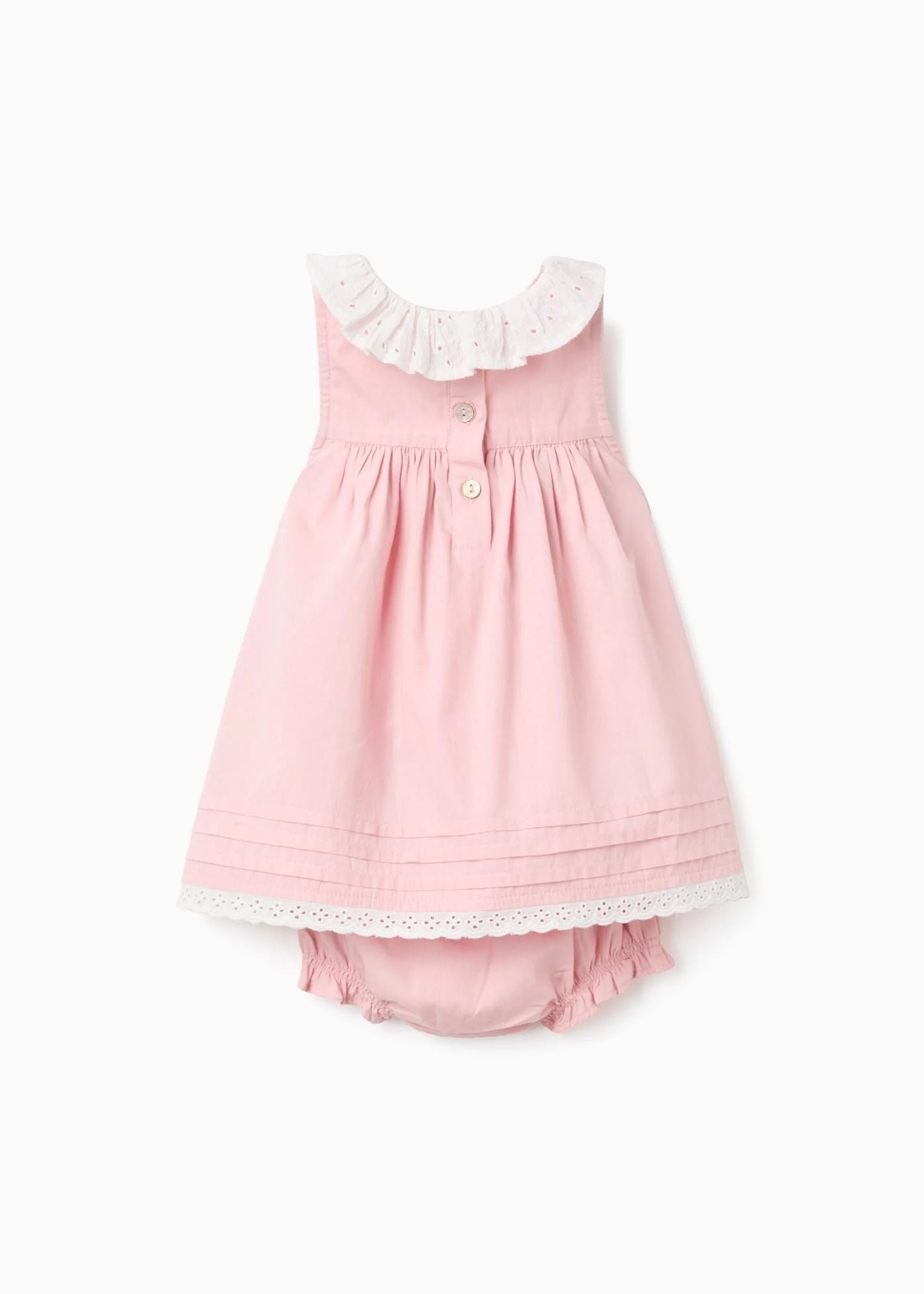 Vestido de popeline + tapa-fraldas com folhos para recém-nascida, rosa