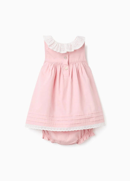 Vestido de popeline + tapa-fraldas com folhos para recém-nascida, rosa