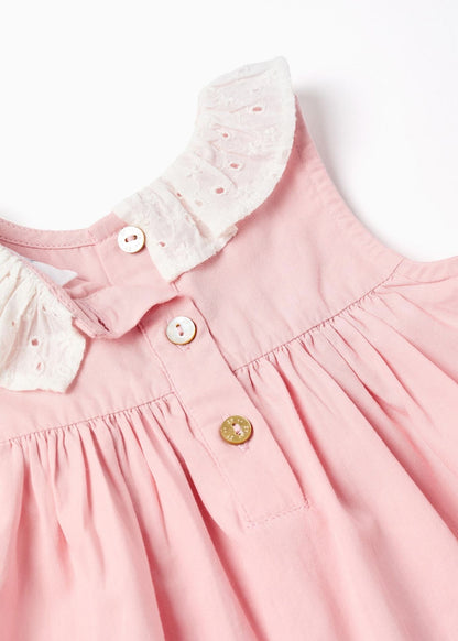 Vestido de popeline + tapa-fraldas com folhos para recém-nascida, rosa