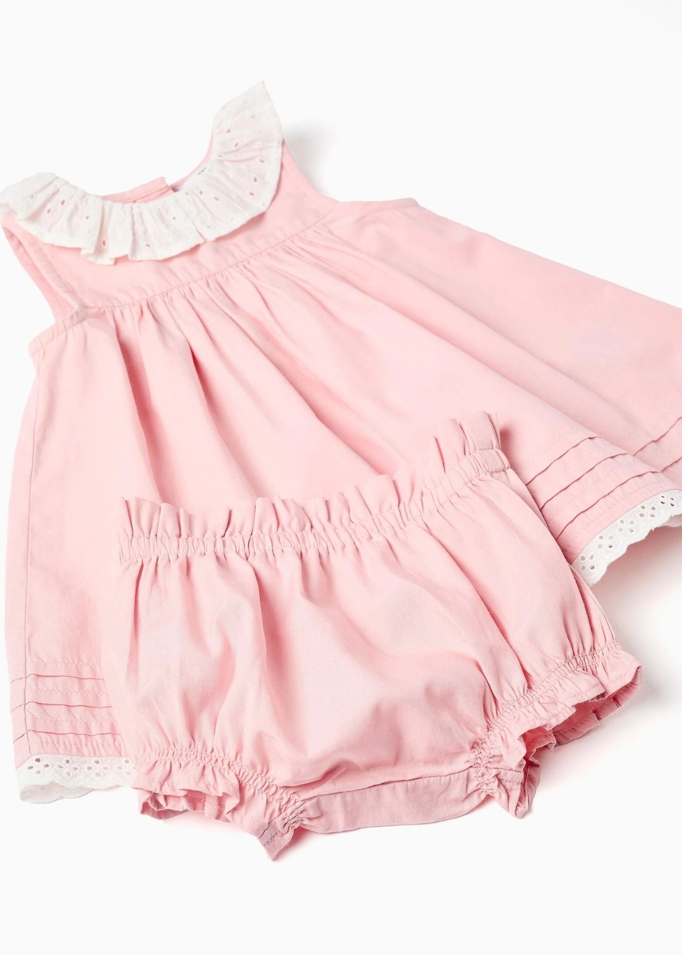 Vestido de popeline + tapa-fraldas com folhos para recém-nascida, rosa