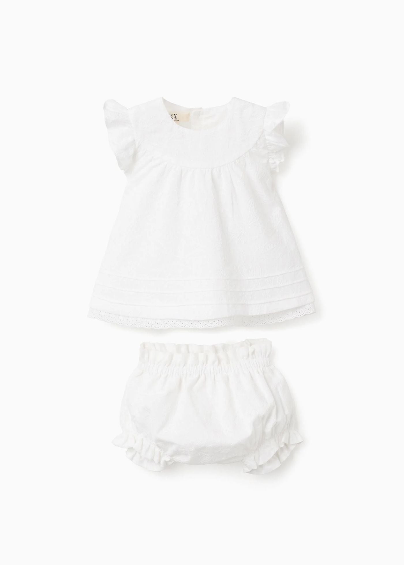 Blusa e tapa-fraldas de algodão com folhos para recém-nascida, branco