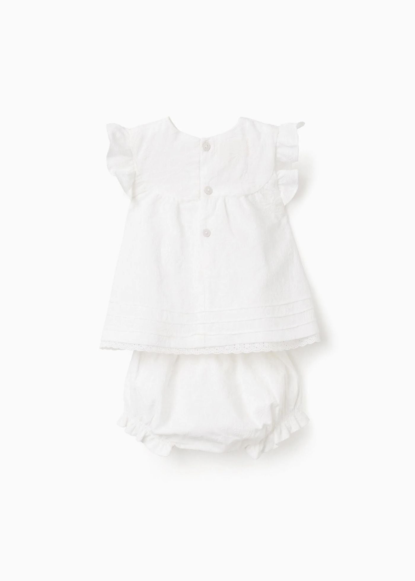 Blusa e tapa-fraldas de algodão com folhos para recém-nascida, branco