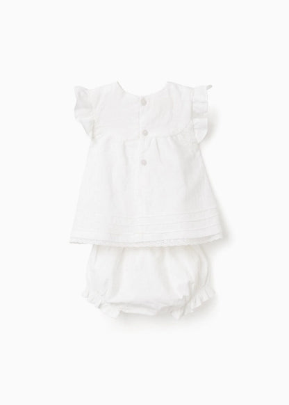 Blusa e tapa-fraldas de algodão com folhos para recém-nascida, branco