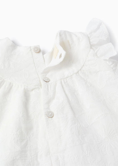 Blusa e tapa-fraldas de algodão com folhos para recém-nascida, branco