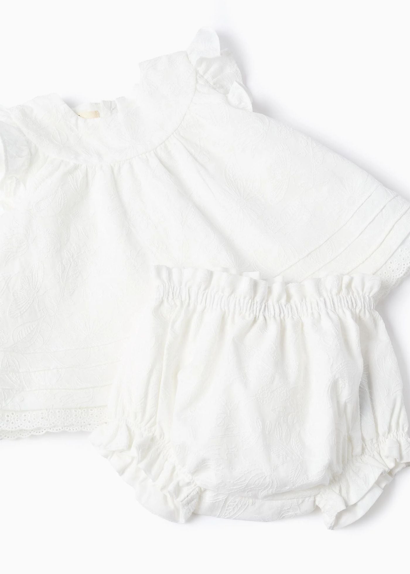 Blusa e tapa-fraldas de algodão com folhos para recém-nascida, branco