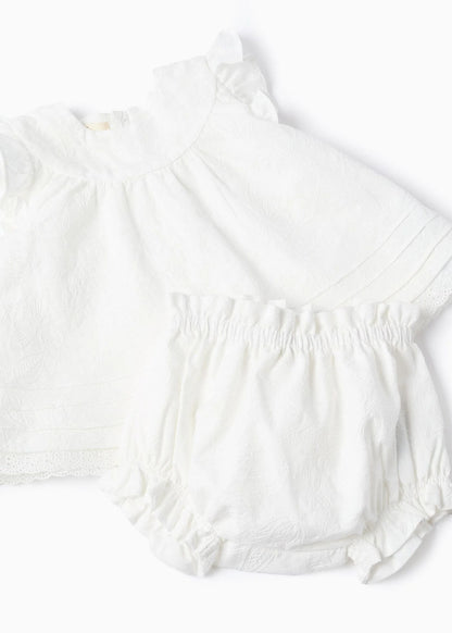 Blusa e tapa-fraldas de algodão com folhos para recém-nascida, branco