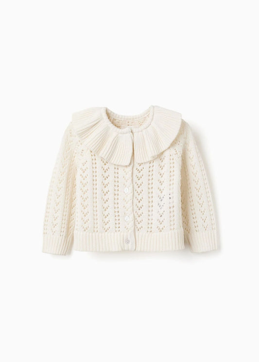 Casaco de malha ajurada de algodão com folhos para bebé menina, branco