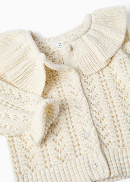 Casaco de malha ajurada de algodão com folhos para bebé menina, branco