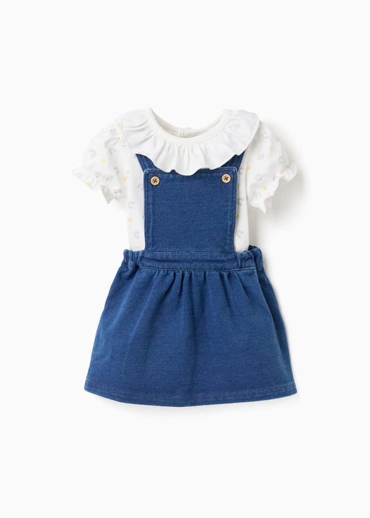 Body com motivo + saia de peito de ganga para recém-nascida, branco/azul