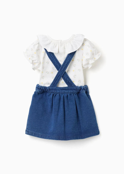 Body com motivo + saia de peito de ganga para recém-nascida, branco/azul