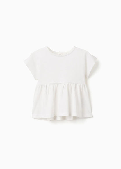 T-shirt de algodão com base com folhos para bebé menina, branco