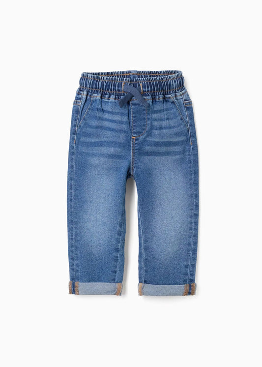 Calças de ganga slim fit com cordão para bebé menino, azul