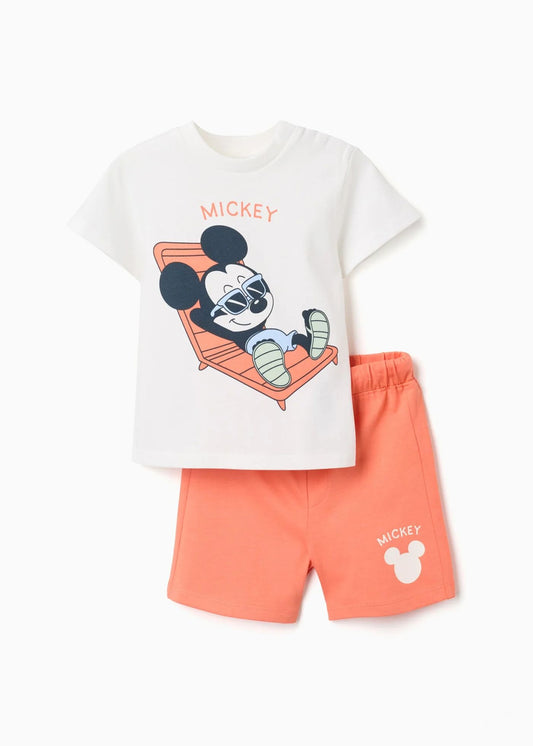 T-shirt e calções com um estampado Mickey para bebé menino, branco/laranja