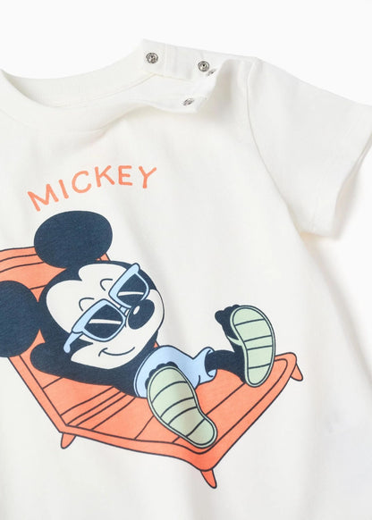 T-shirt e calções com um estampado Mickey para bebé menino, branco/laranja