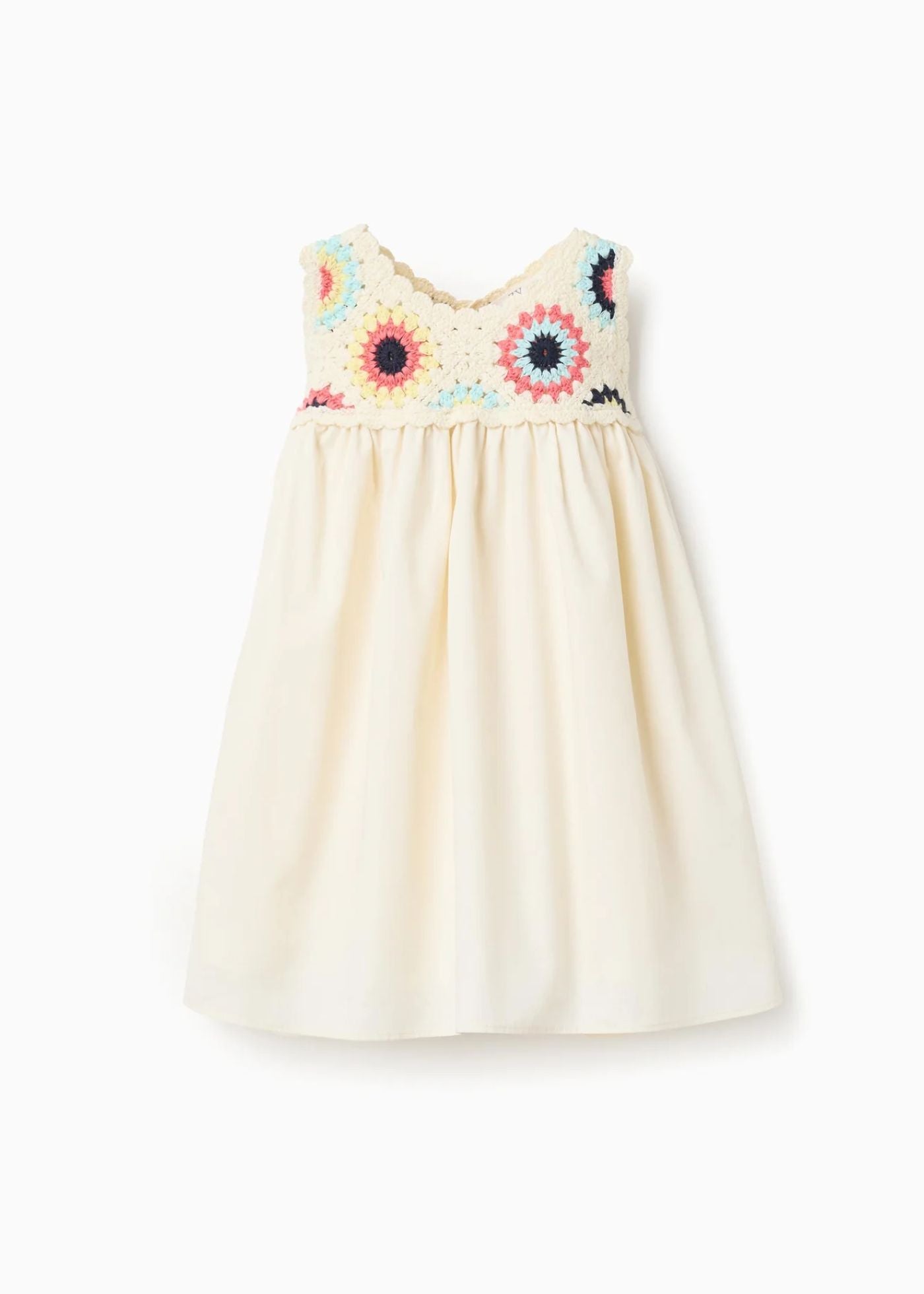 Vestido combinado com flores em crochê para bebé menina, bege-claro