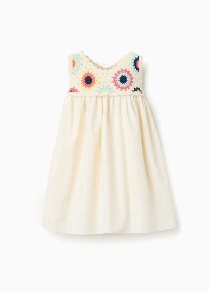 Vestido combinado com flores em crochê para bebé menina, bege-claro