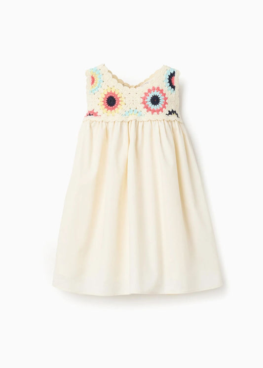Vestido combinado com flores em crochê para bebé menina, bege-claro