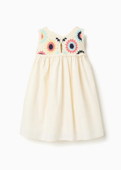 Vestido combinado com flores em crochê para bebé menina, bege-claro