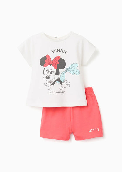 T-shirt e calções com estampado Minnie para bebé menina, branco/vermelho