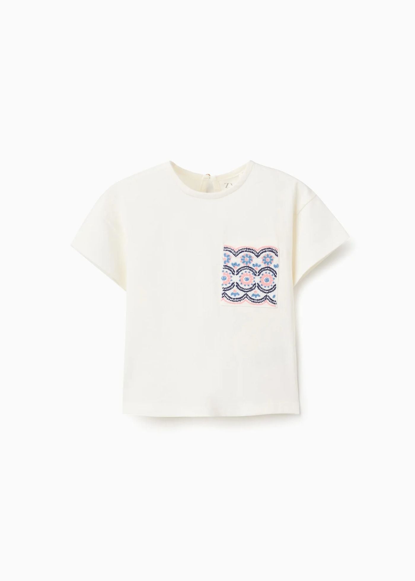 T-shirt de algodão com bolso bordado para bebé menina, branco