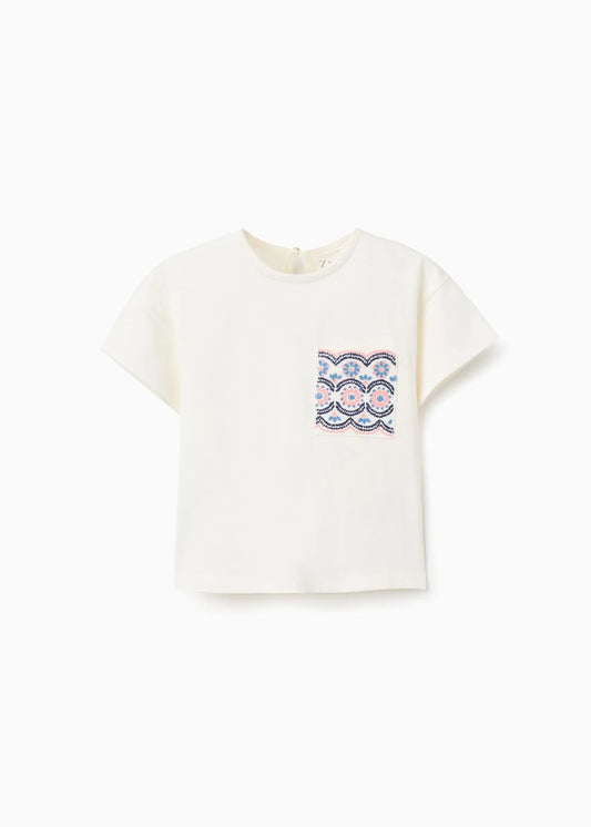 T-shirt de algodão com bolso bordado para bebé menina, branco