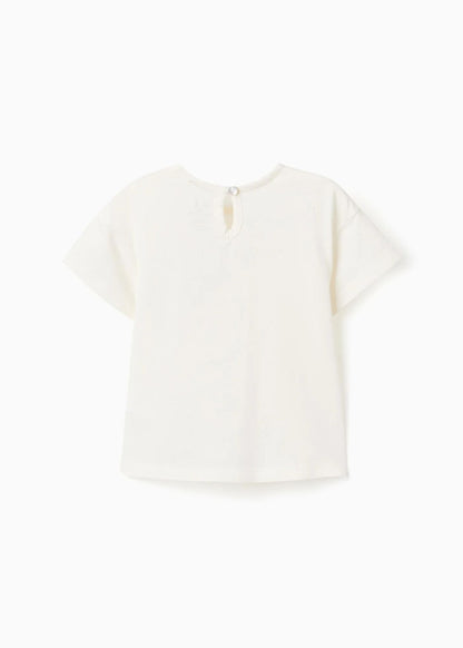 T-shirt de algodão com bolso bordado para bebé menina, branco