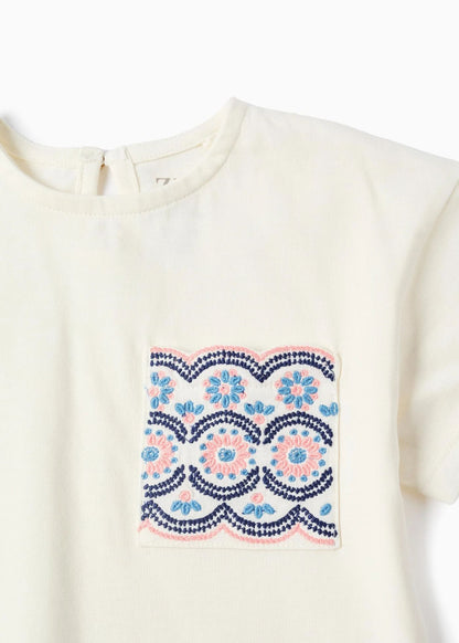 T-shirt de algodão com bolso bordado para bebé menina, branco