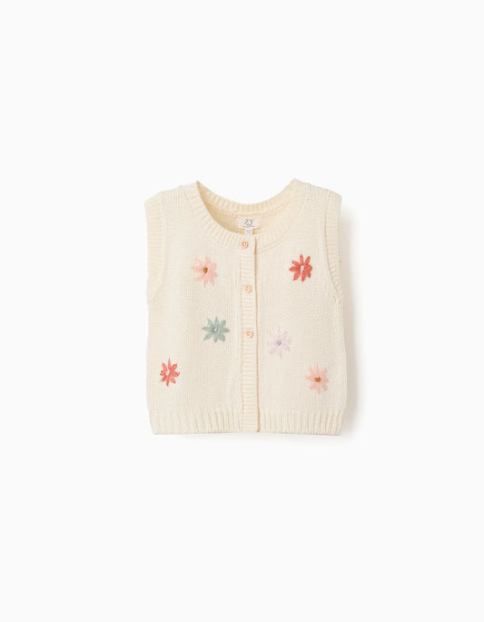 Colete de malha com bordado floral para bebé menina, branco