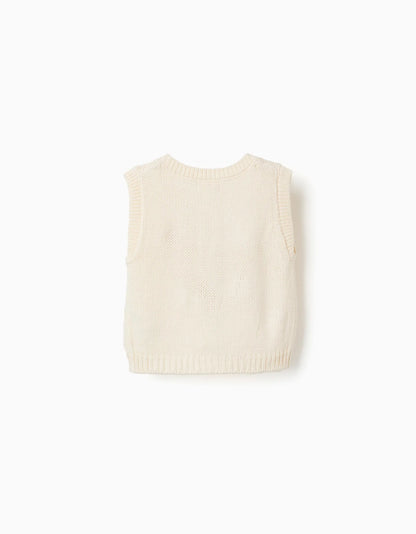 Colete de malha com bordado floral para bebé menina, branco