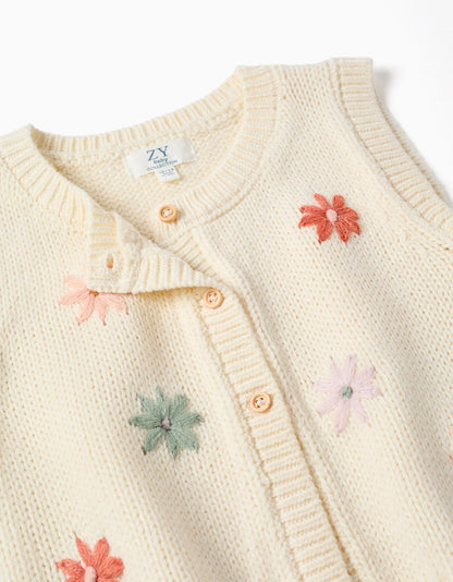 Colete de malha com bordado floral para bebé menina, branco