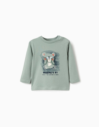 T-shirt de manga comprida com urso estampado para bebé menino, verde-claro